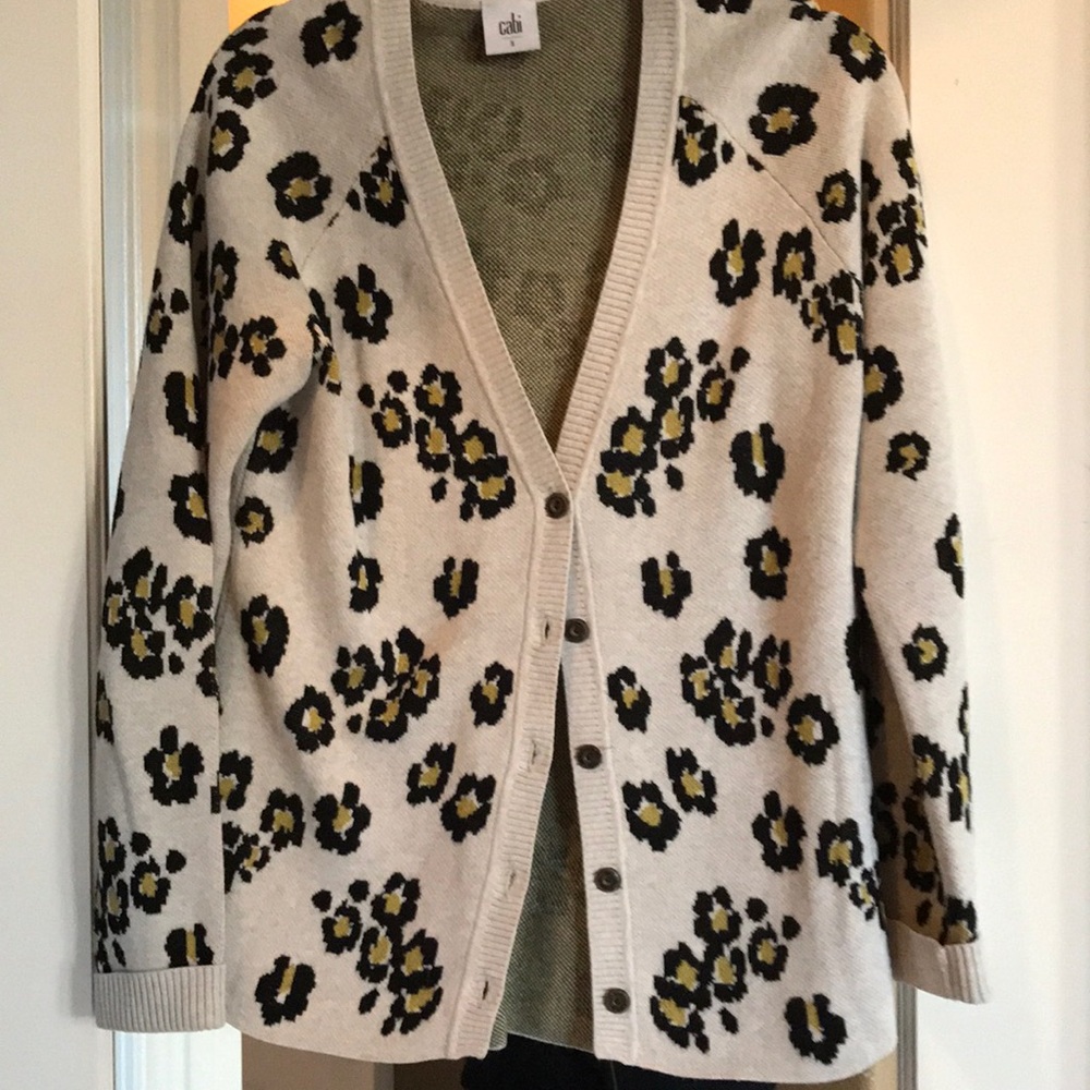 CAbi Cream and Black Leopard Print Cardigan